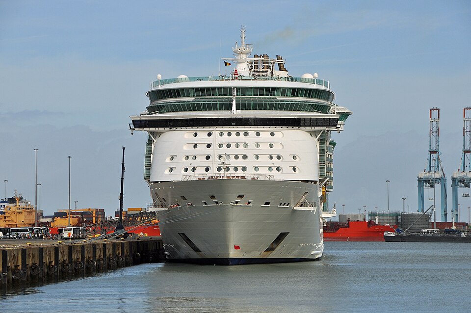 A large cruise ship in port