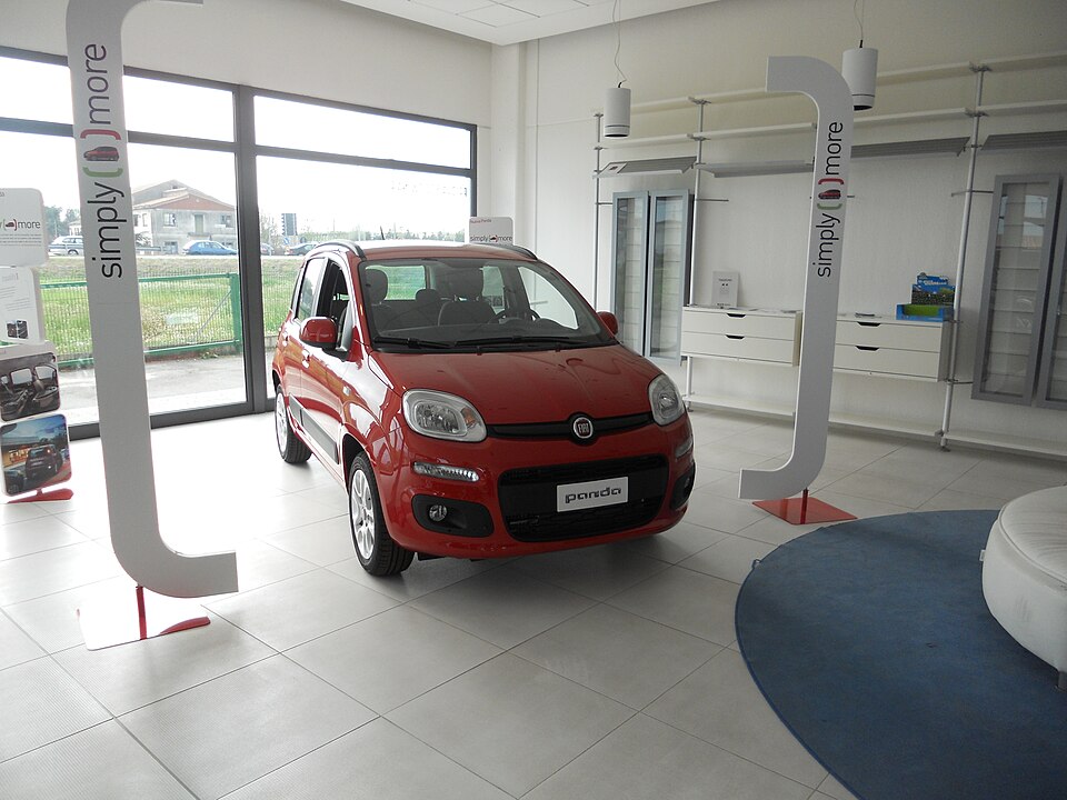 A new car in a dealership showroom
