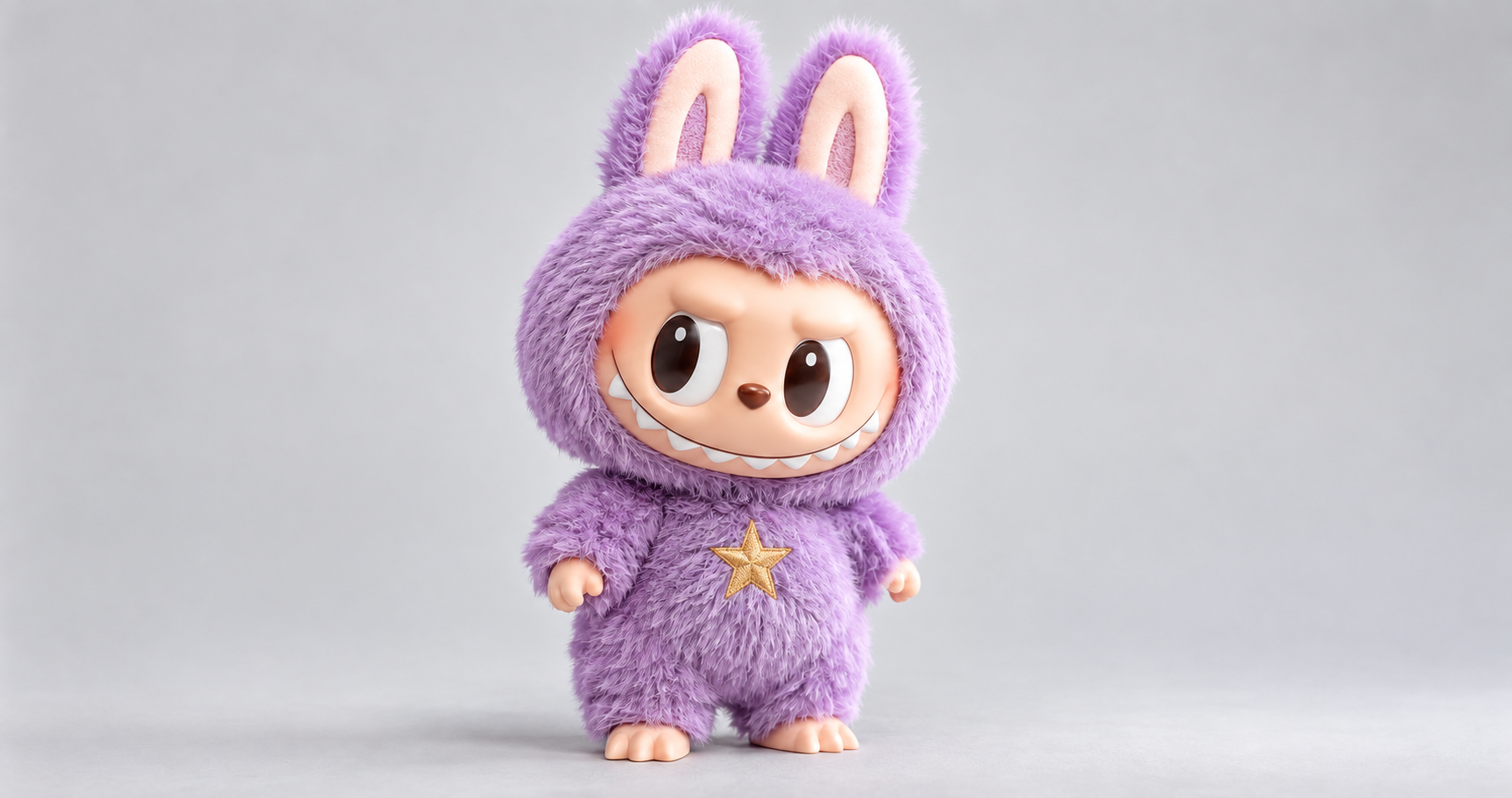 Generated illustration of a hypothetical limited-edition Labubu with purple fur and a gold star.