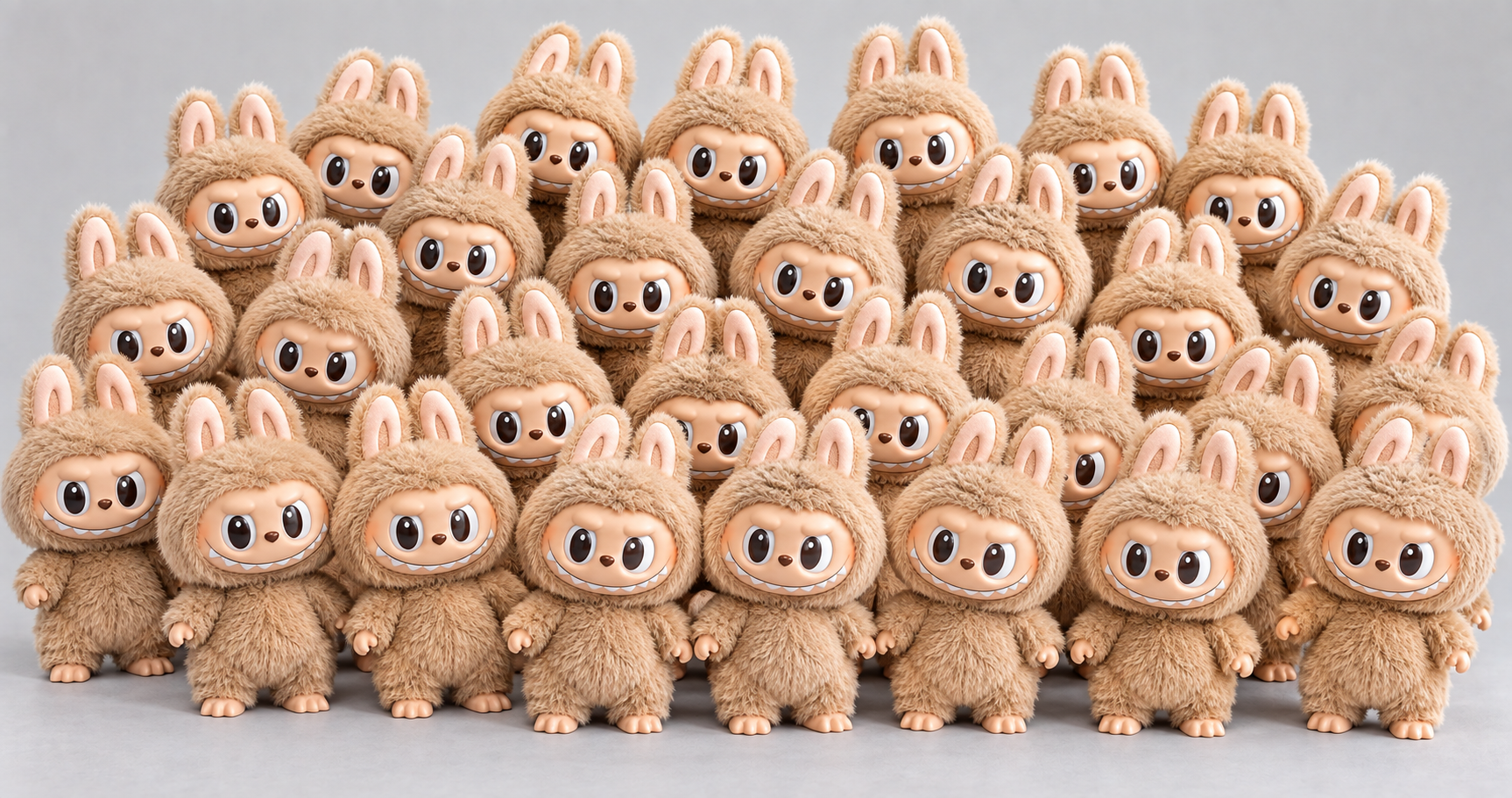 Photorealistic generated image of many matching beige Labubu plush toys arranged together in rows.