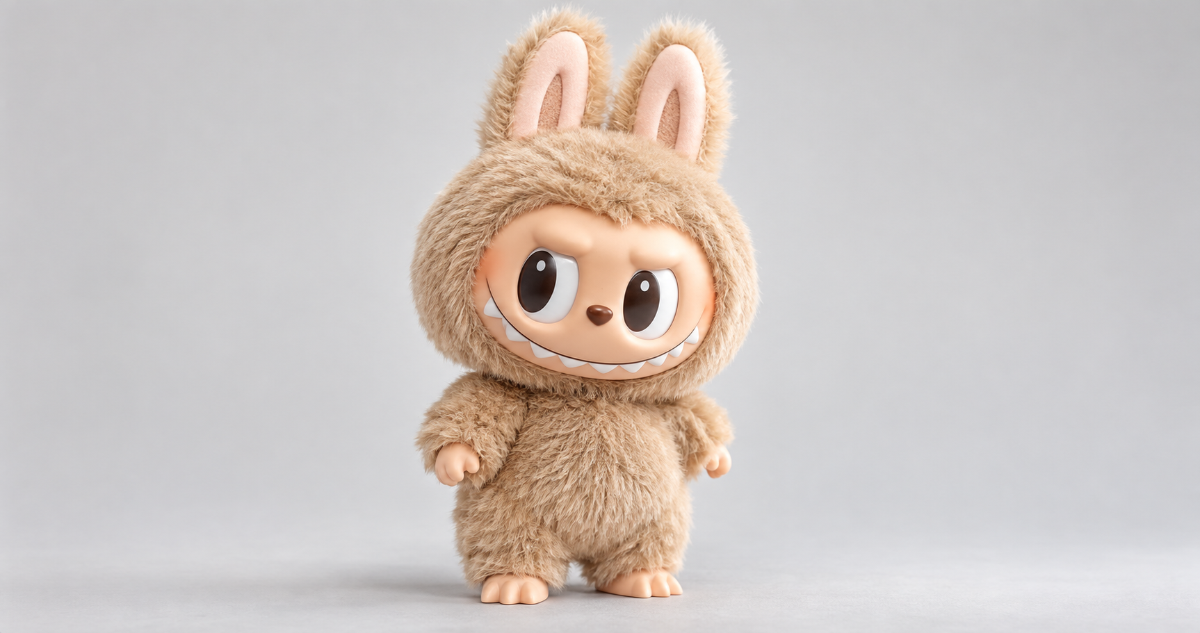 Photorealistic generated image of one beige Labubu plush toy on a neutral studio background.