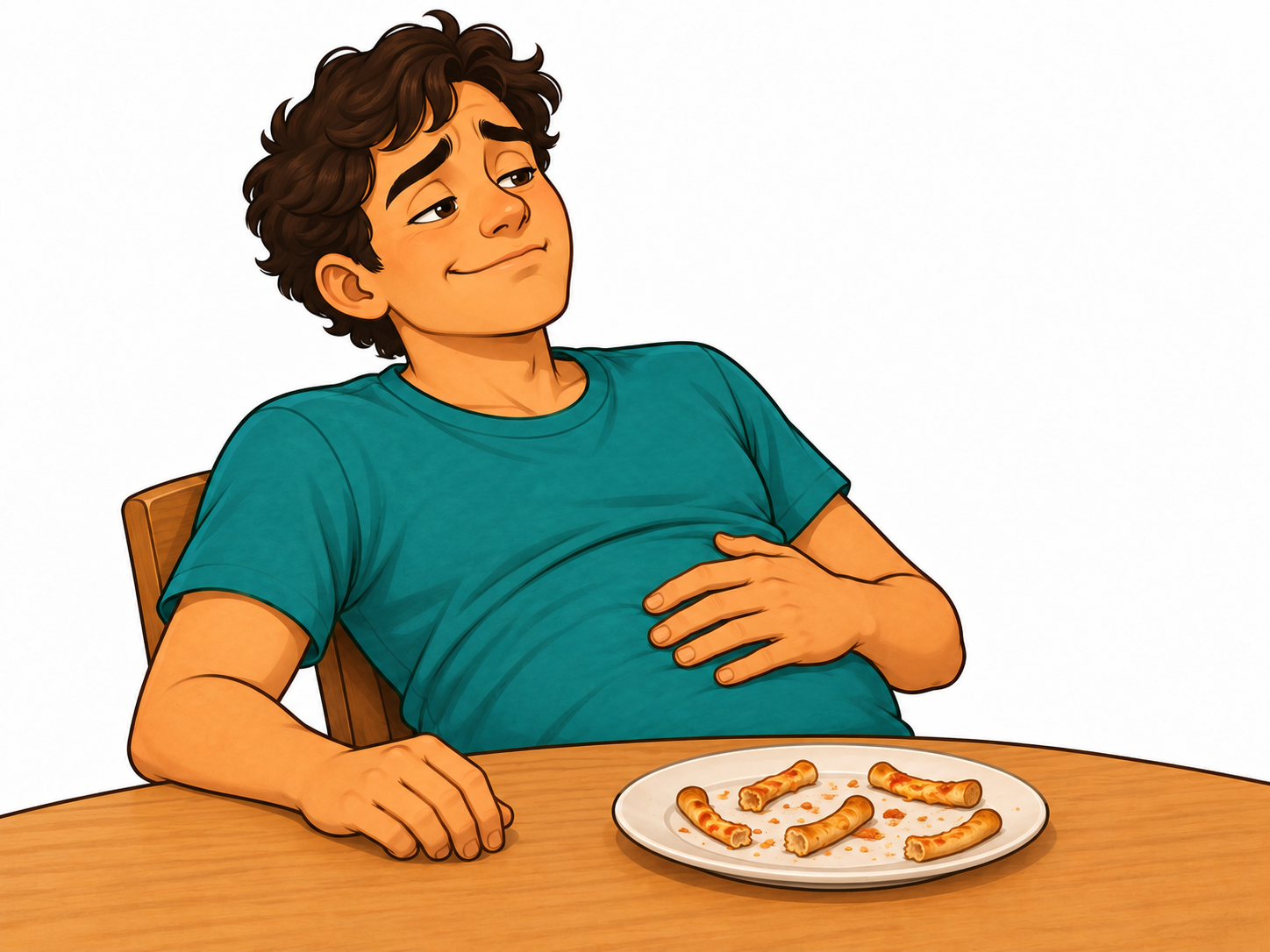 The same student leaning back with a hand on their full stomach after five slices, with five pizza crusts on the plate.