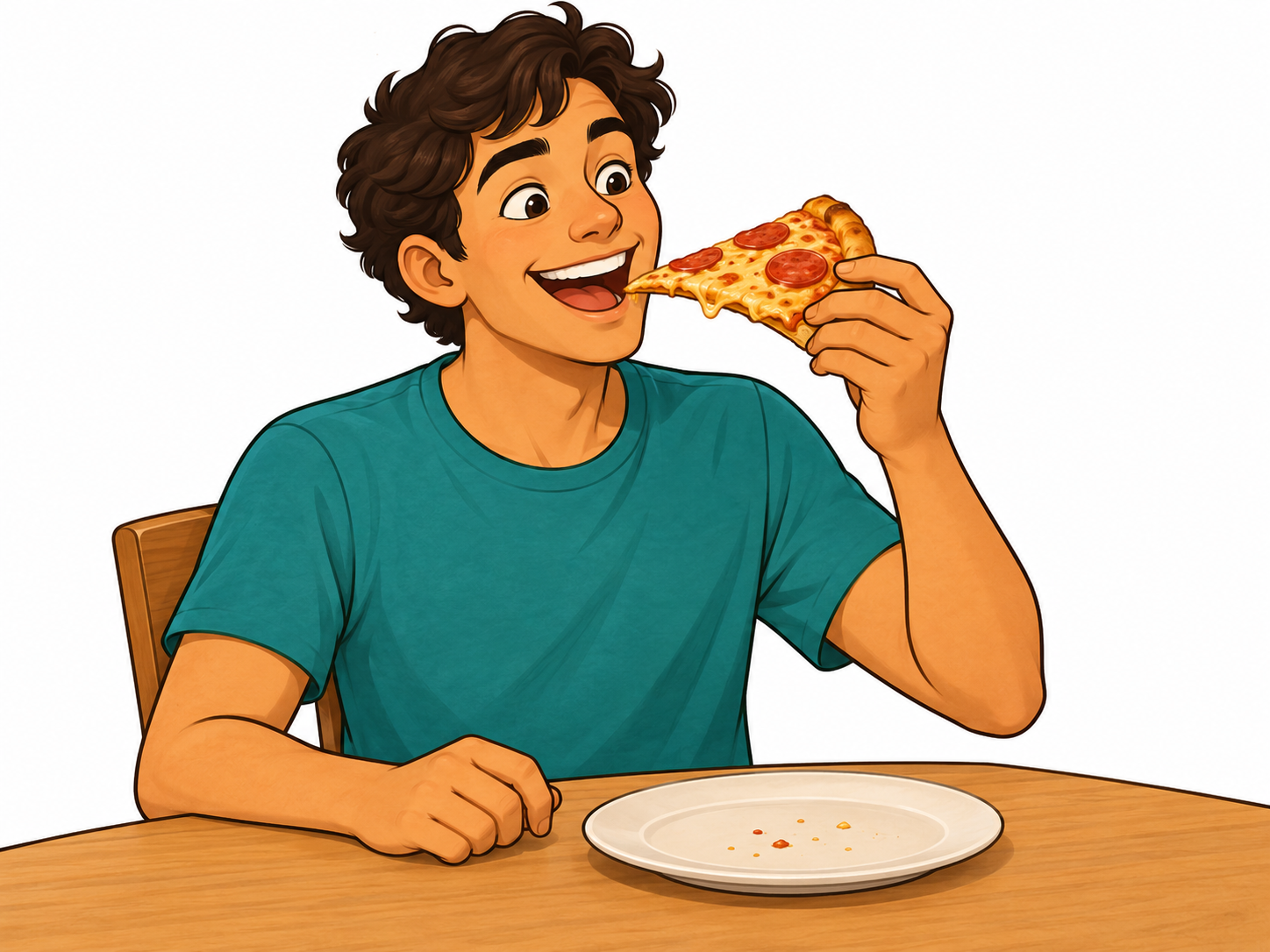 A hungry student happily eating their first slice of pizza.